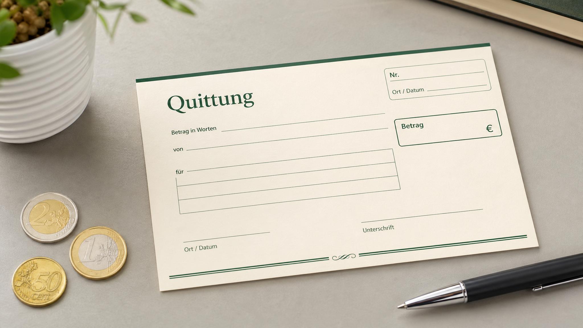 Quittungsvorlage für Barzahlung mit Münzen und Stift